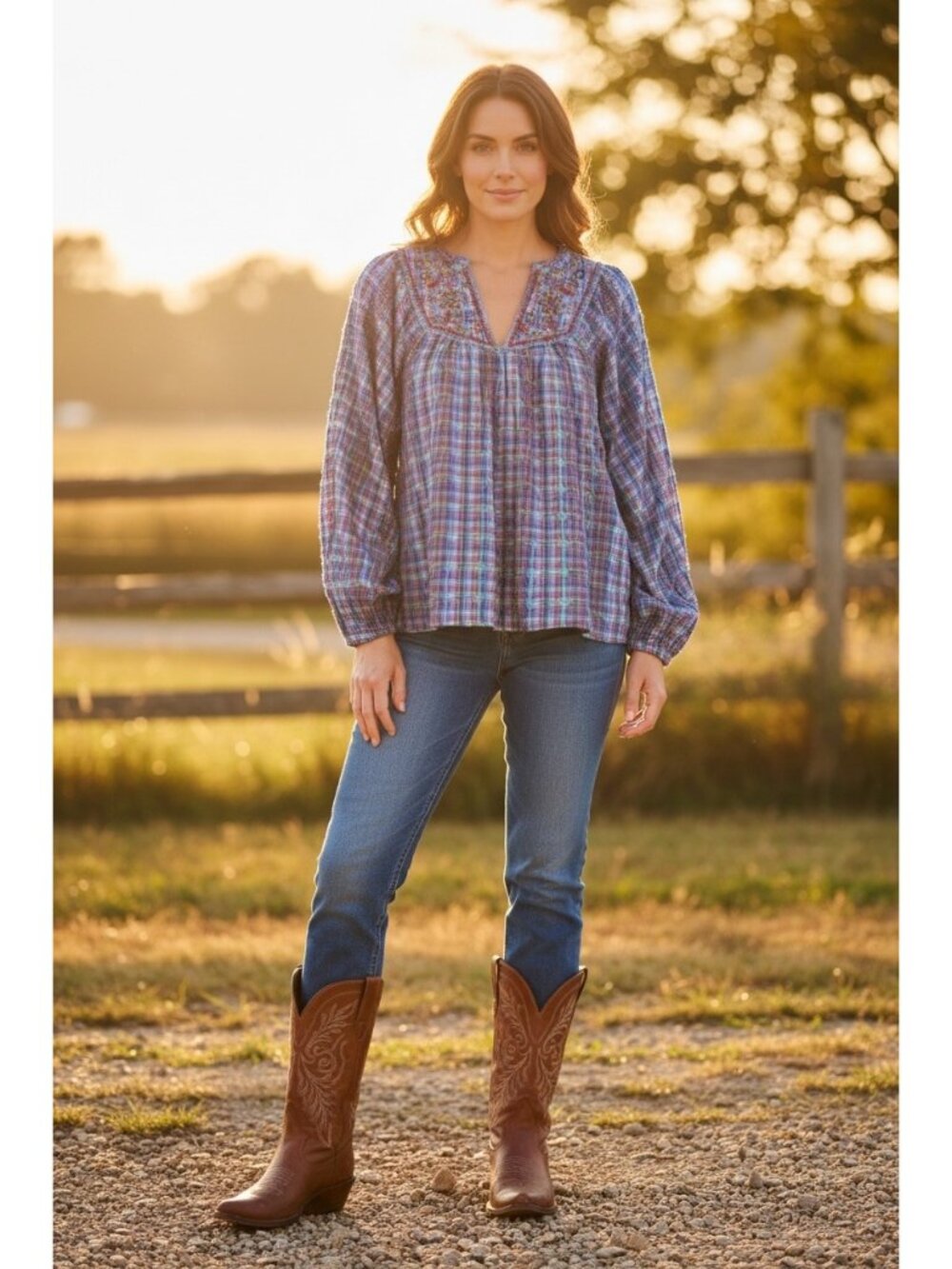 Sundance Blue Plaid Peasant Blouse